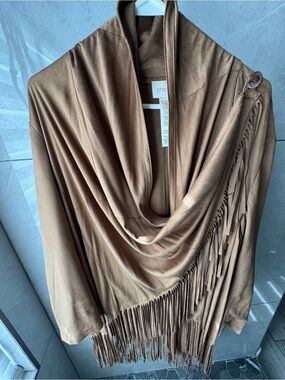 Chico's Suede-Look Fringe Draped Jacket in Camel Brown
